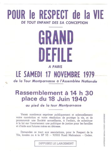 France Pro Life Flyer / Tract 1979 . Protest Of 1979, November 17th Paris Manifestation Pour Respect De La Vie 