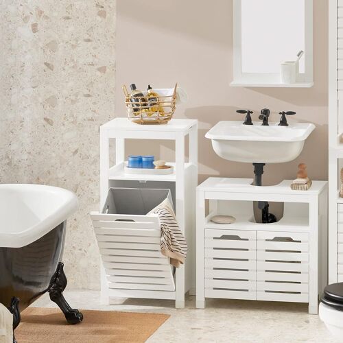 SoBuy BZR67-W Meuble Bas de Salle de Bain Armoire Toilette avec 1 Panier bac à Linge basculant Corbeille à Linge Coffre à Linge Porte Vêtement