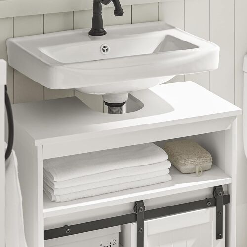 SoBuy BZR61-W Meuble Sous Lavabo, Meuble de Salle de Bain, Placard de Rangement, Armoire Salle de Bain avec étagères et porte de grange, Blanc