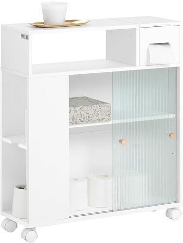 Sobuy Bzr117-W Armoire Wc Toilettes Compact Roulante, Meuble De Rangement, Support Papier Toilette Avec 2 Portes Coulissantes En Verre