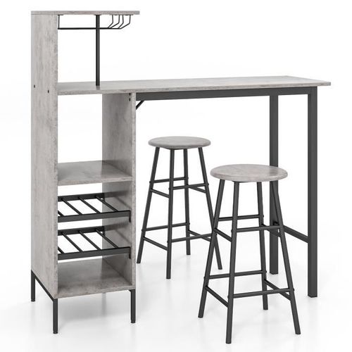 Costway Ensmeble Table Haute De Bar Avec Étagères, Mange Debout Avec 2 Tabourets, 120 X 40 X 120 Cm, Style Industriel, Gris