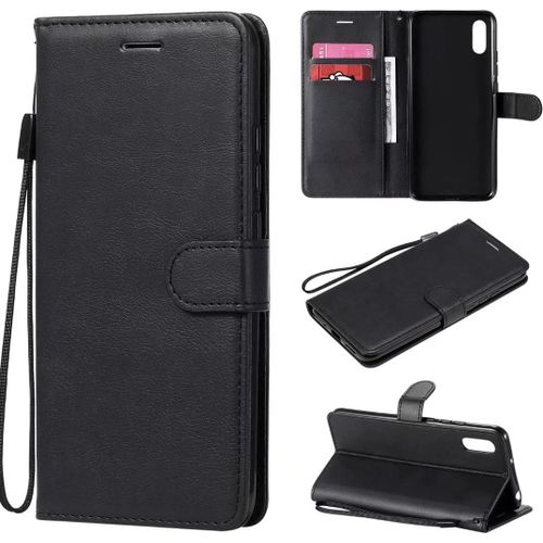 Compatible Avec Coque Xiaomi Redmi 9a, Flip Rabat Cuir Portefeuille Housse Avec Fentes Pour Cartes, Magnetique Fonction Stand Etui A Rabat Noir & 2x Verre Trempe