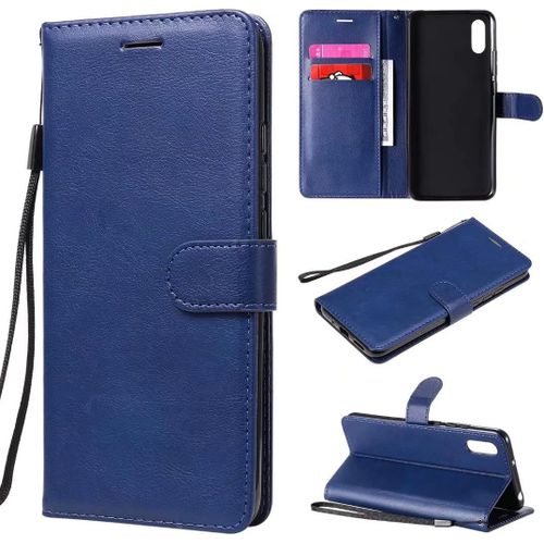 Compatible Avec Coque Xiaomi Redmi 9a, Flip Rabat Cuir Portefeuille Housse Avec Fentes Pour Cartes, Magnetique Fonction Stand Etui A Rabat Bleu & 2x Verre Trempe