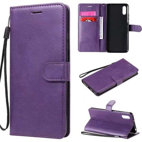 Compatible Avec Coque Xiaomi Redmi 9a, Flip Rabat Cuir Portefeuille Housse Avec Fentes Pour Cartes, Magnetique Fonction Stand Etui A Rabat Violet & 2x Verre Trempe