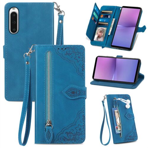 Saturcase Coque Pour Sony Xperia 10 V 2023, Fleur Gaufrage Pu Cuir Magnétique Flip Portefeuille Poche Fermeture Éclair Support Porte-Carte Cordon Protecteur Housse Étui Pour Sony Xperia 10 V 2023 (Bleu)