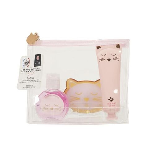 Coffret Cosmétique 3 Accessoires "Chat" 15cm Rose
