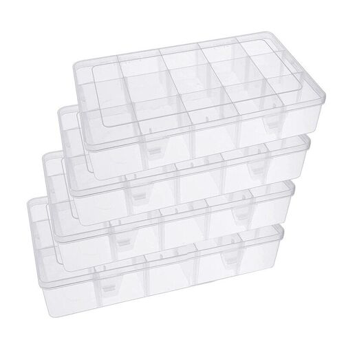 Boîte de rangement en plastique, paquet de 4, 15 grandes grilles, conteneur de stockage transparent avec séparateur réglable, grille amovible pour outil de bricolage