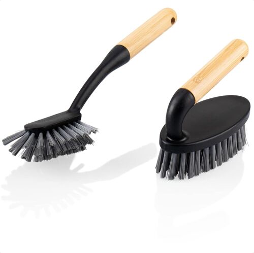 Kalanka-Com-Four® Kit De Nettoyage En 2 Parties - Brosse À Récurer Et Brosse À Vaisselle - Kit De Nettoyage En Bambou Et Plastique Pour Le Ménage - Brosse À Vaisselle Et Brosse À Main (02 Pièces. Noi