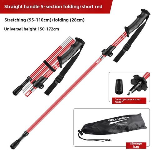 Bâton De Montagne Pliable Professionnel En Alliage D'aluminium Pour Randonnée En Plein Air Ultra Léger À Cinq Noyaux En Couleur Rouge