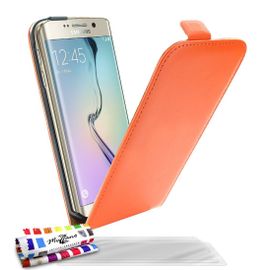 Samsung Galaxy S6 Edge Etui À Rabat Orange Cuir Simili, 3 Films