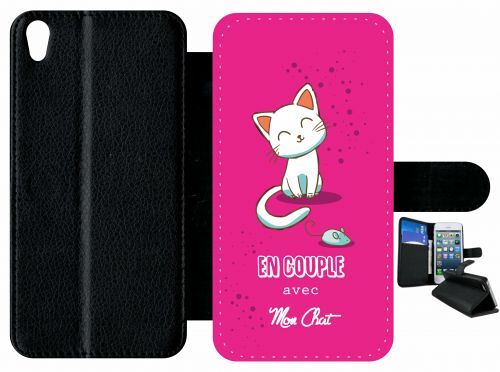 Etui à rabat xperia xa - en couple avec mon chat fond rose - simili-cuir - noir