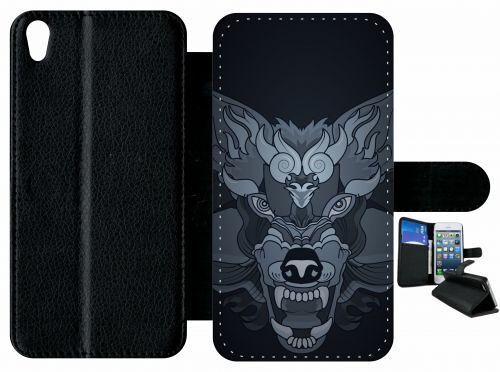 Etui À Rabat Xperia Xa - Loup Fond Gris - Simili-Cuir - Noir