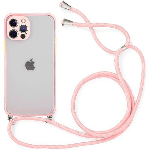 Coque Pour Iphone 12 Pro Max (6.7'') Protection Anti-Choc Mince Rigide Semi-Transparente Givrée Avec Collier Cordon Rose