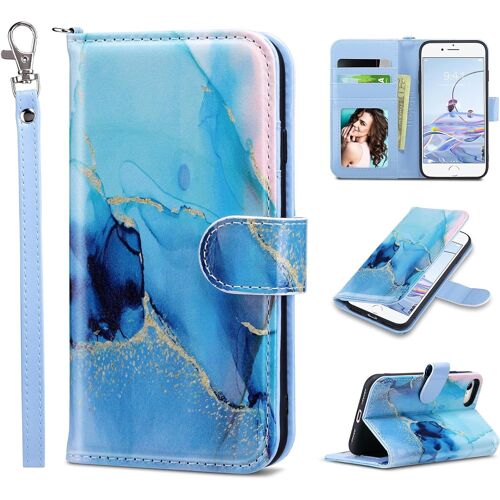 Coque Iphone Se 2022,Portefeuille Iphone 8 Etui Housse En Cuir Pu Protection Avec Porte Cartes, Fonction De Support, Magnetique Portefeuille Coque Pour Iphone Se 2020/Iphone 7,Marble Bleu