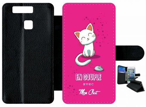 Etui a rabat - En couple avec mon chat fond rose - compatible avec huawei P9 - Plastique - bord Noir