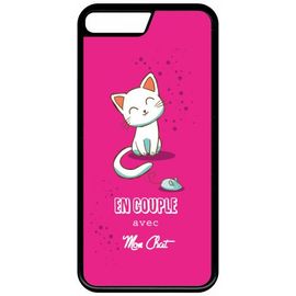 Coque Pour Smartphone - En Couple Avec Mon Chat Fond Rose - Compatible Avec Apple Iphone 7 Plus - Plastique - Bord Noir
