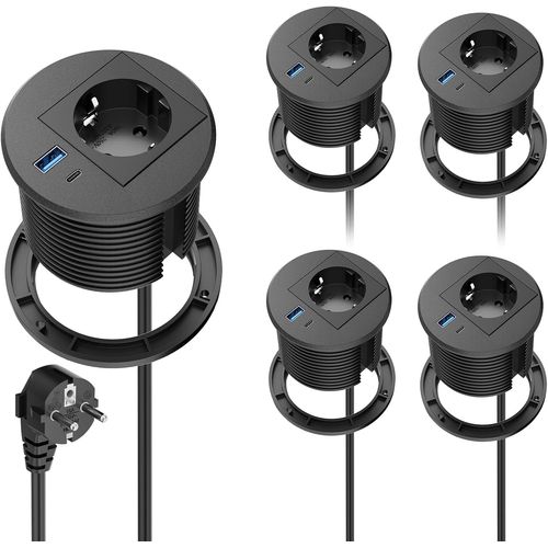 Cmjaagur-5 Pack Pr Encastrable Plan De Travail Usb C Pd20w, Multipr Encastrable Usb, Bloc Pr Encastrable Pour Plan De Travail, Cuisine, Bureau, Meubles, 2500w/10a, 2m Câble, Noir[M1622]