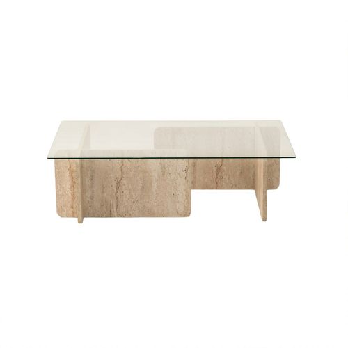 Table Basse Rectangulaire Effet Travertin Et Verre - Beige
