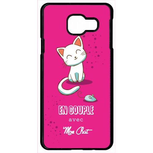 Coque pour smartphone - En couple avec mon chat fond rose - compatible avec samsung Galaxy A9 (2016) - Plastique - bord Noir