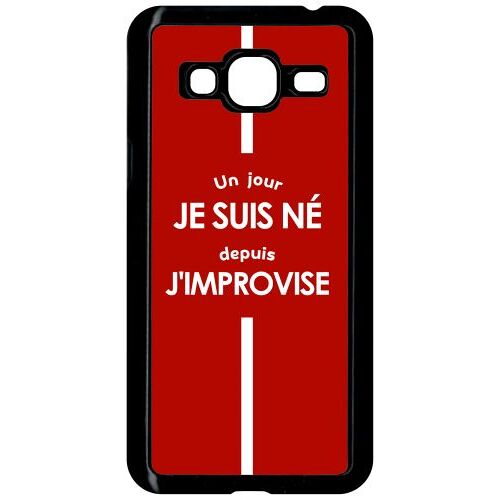 Coque pour smartphone - Un jour je suis n depuis j improvise rouge - compatible avec samsung Galaxy J3 - Plastique - bord Noir