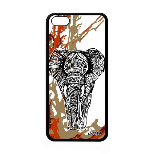 Coque Pour Apple Iphone 5c Silicone Elephant Ethnique Marron Art Made In France