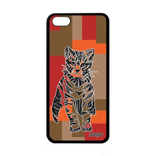 Coque Silicone Apple Iphone 5c Chat Marron Matou Ethnique Bumper Dessin Cube Alu