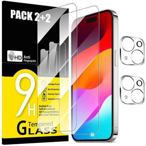 2 Verres Trempés Ecran et 2 Protections Caméra Arrière pour iPhone 15 - BOOLING