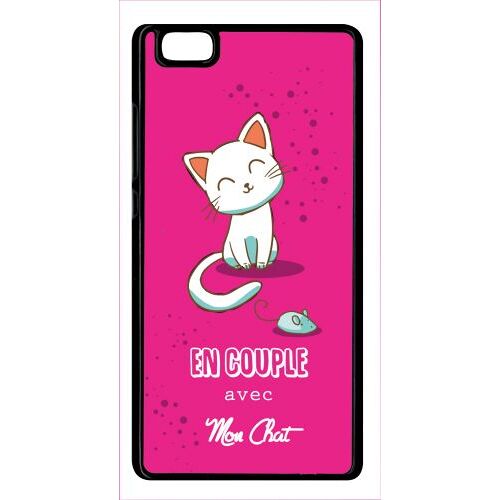 Coque pour smartphone - En couple avec mon chat fond rose - compatible avec huawei P8 Lite (2015) - Plastique - bord Noir