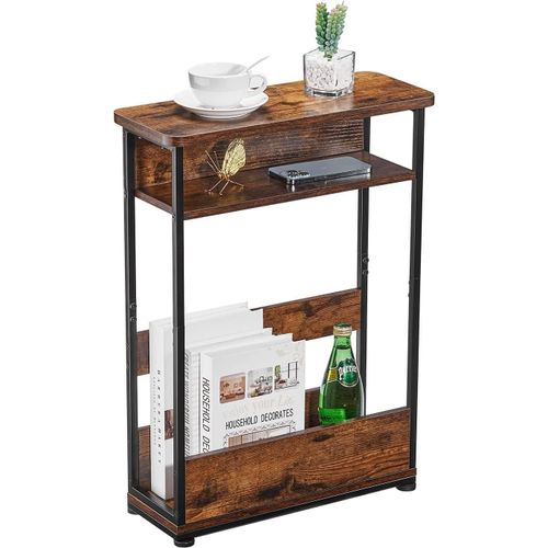 Table D'appoint Étroite Vintage Avec Rangement, 3 Niveaux, Table De Chevet Moderne Pour Les Espaces Étroits Et Petits, Petite Table De Chevet Pour Chambre À Coucher, Canapé Vintage Marron Rustique