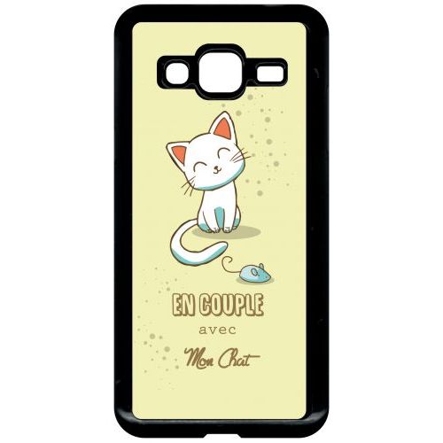 Coque Pour Smartphone - En Couple Avec Mon Chat Fond Jaune 2 - Compatible Avec Samsung Galaxy J3 - Plastique - Bord Noir