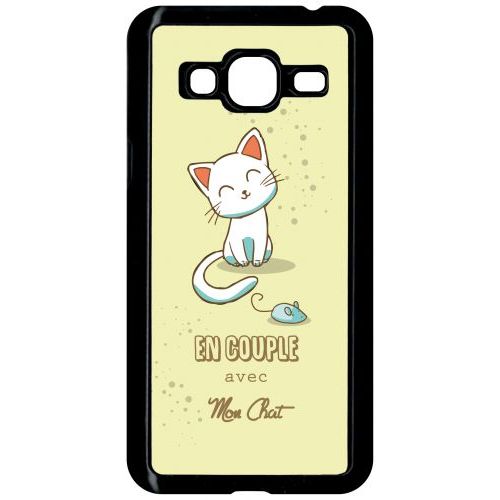 Coque Pour Smartphone - En Couple Avec Mon Chat Fond Jaune - Compatible Avec Samsung Galaxy J3 - Plastique - Bord Noir