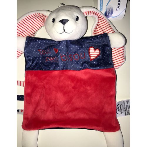 Doudou Lapin Blanc Rouge Et Bleu Marine Coeurs Mots D'enfants Plat Tout Petit Bisou Peluche Jouet Bebe 
