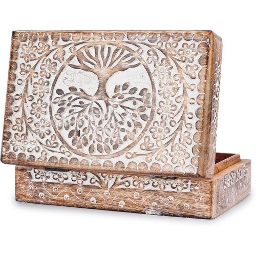 Trahoo-Boîte En Bois Sculptée À La Main Motif Arbre De Vie Blanc Coffret Décoratif Multifonction Boîte À Bijoux Porte Trésors Coffret À Montres Idée Cadeau