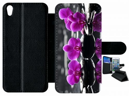 Etui à rabat xperia xa - orchide violette fond gris - simili-cuir - noir