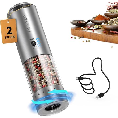 TIANYI-Moulin à Poivre Électrique en Acier Inoxydable Rechargeable Moulin à Épices avec Récipient de 95ml, Lumière LED Blanche, Grosseur Réglable par L'extérieur et 2 Vitesses de Mouture