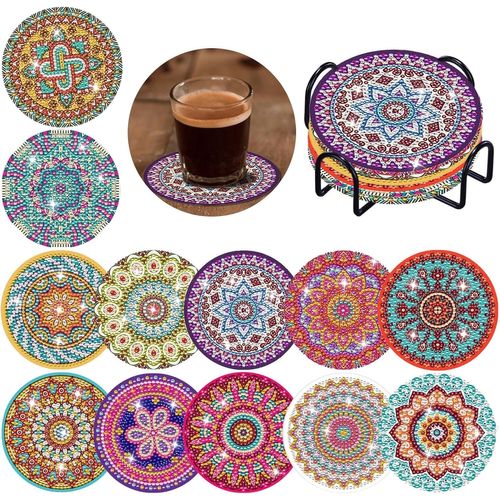 Tianyi-Lot De 12 Dessous De Verre De Peinture Diamant Mandala Avec Support - Diy 5d Pour Travaux Manuels - Adultes Et Enfants