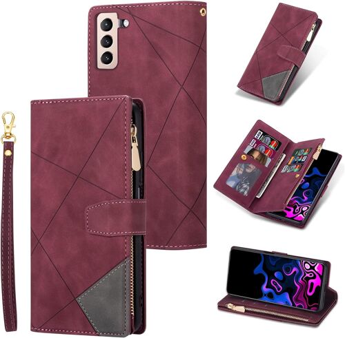 Etui Portefeuille Pour Samsung Galaxy S21 5g, Cuir Pu Vintage De Qualite Superieure Avec Fentes Pour Cartes, Fermeture Magnetique, Poche Zippee, Sac ¿¿ Main Bequille Avec Dragonne, Rouge Vin