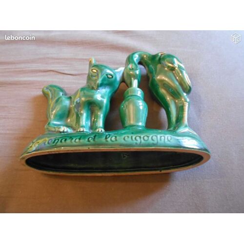 Statue Faience Verte Le Renard Et La Cigogne Signé Augier