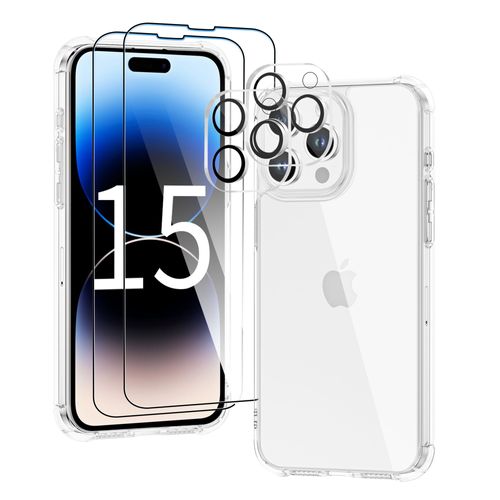 Coque Pour Iphone 15 PRO MAX - 2x Vitre Verre Trempe Silicone Transparent Bords Renforcés