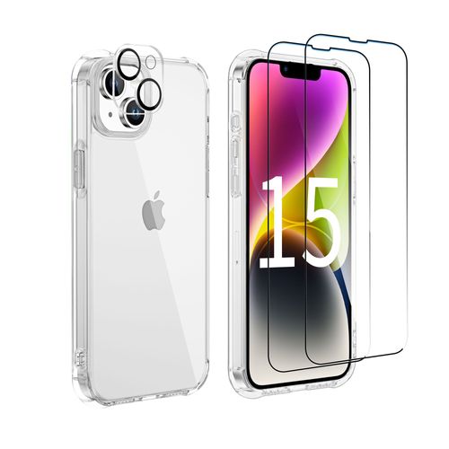 Coque Pour Iphone 15 PLUS - 2x Vitre Verre Trempe Silicone Transparent Bords Renforcés