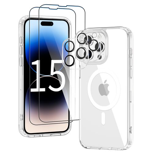 Coque Pour Iphone 15 Pro Max - 2x Vitre Verre Trempe + 2x Protège Caméra Silicone Compatible Magsafe Clear