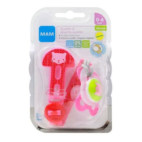 Mam Kit Sucette Silicone Anatomique Décor Classique 0-6 Mois + Attache-Sucette Réglable