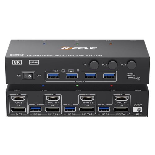 Kvm Commutateur Kvm 3 Pc 2 Moniteurs 8K @ 60 Hz,4K @ 144 Hz,Hdmi Et Displayport Dual Monitor Avec 4 Ports Usb 3.0 Pour Clavier,Souris,Imprimante,Avec Télécommande Par Câble,Adaptateur