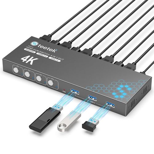 Commutateur Kvm 4 Pc 1 Écran,4K À 60 Hz,Hdmi,Avec 3 Ports Usb 3.0 Pour 4 Ordinateurs Partageant 1 Écran/Clavier/Souris,Hdcp 2.2,Plug And Play,Avec 1 Câble Hdmi Et 3 Câbles Usb