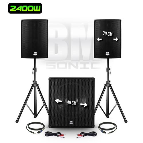Pack sonorisation DJ 2400W - Subwoofer 46cm + 2 Enceintes 30cm + Pieds - BMS1812 PACK-BMS1812-N