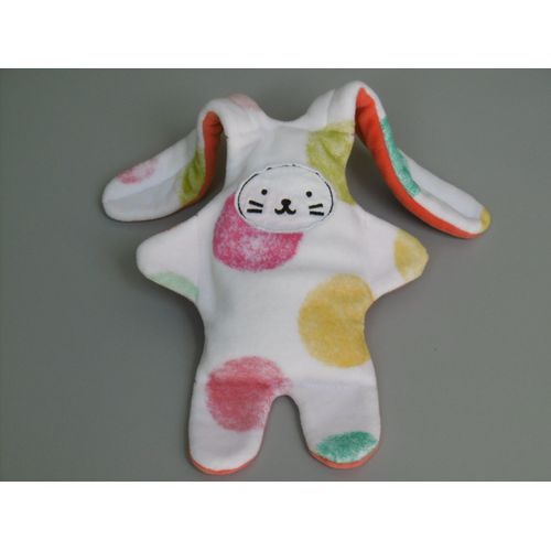 Doudou Lapin Plat Réversible Blanc Cercles Colorés Orange Catimini