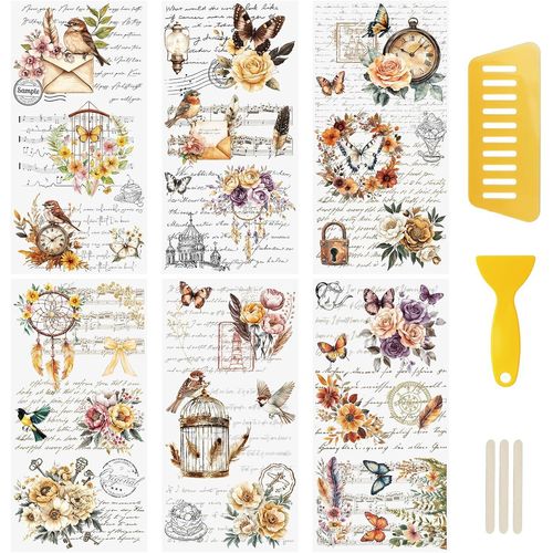 Tianyi-Lot De 6 Autocollants De Transfert Vintage Motif Fleurs Et Papillons Pour Emballage Cadeau, Scrapbooking, Albums, Meubles, 15 X 30 Cm