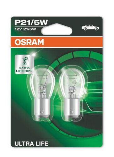 OSRAM ULTRA LIFE P21/5W Lampe de signalisation halogène, feu stop, feu antibrouillard arrière, 7528ULT-02B, 12V véhicule de tourisme, blister double (2 pièces)