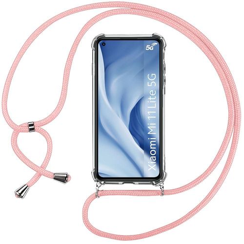Coque Pour Xiaomi Mi 11 Lite (6.55'') Coin Renforcé Anti-Rayure Transparente Souple Tpu Inclu Chaîne Rose