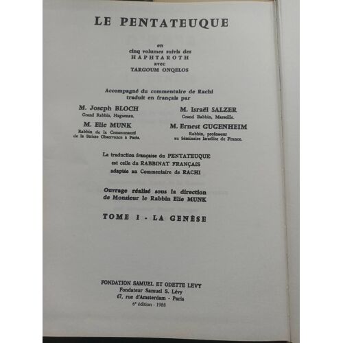 Le Pentateuque Accompagné Du Commentaire De Rachi. Tome 1 Genèse.